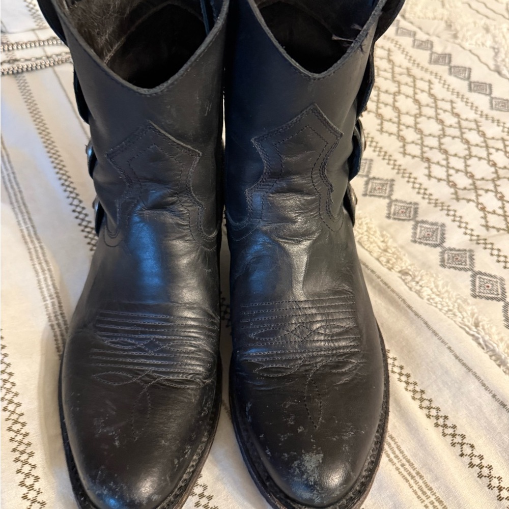 LIBERTY Black Leather Heeled Boots with Fringe - Picture 4 of 8